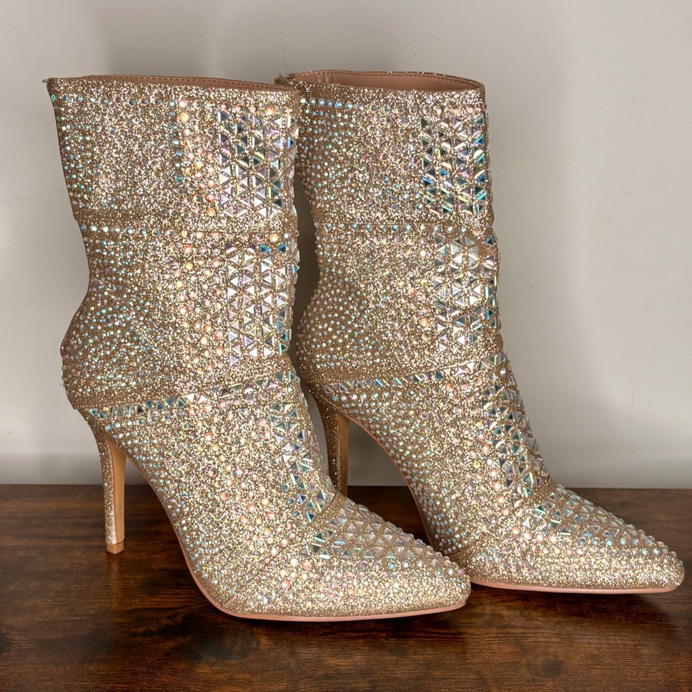 FOREVER Sexy Gold Glitter Rhinestone Stiletto Ankle Boots Shimmery Booties New